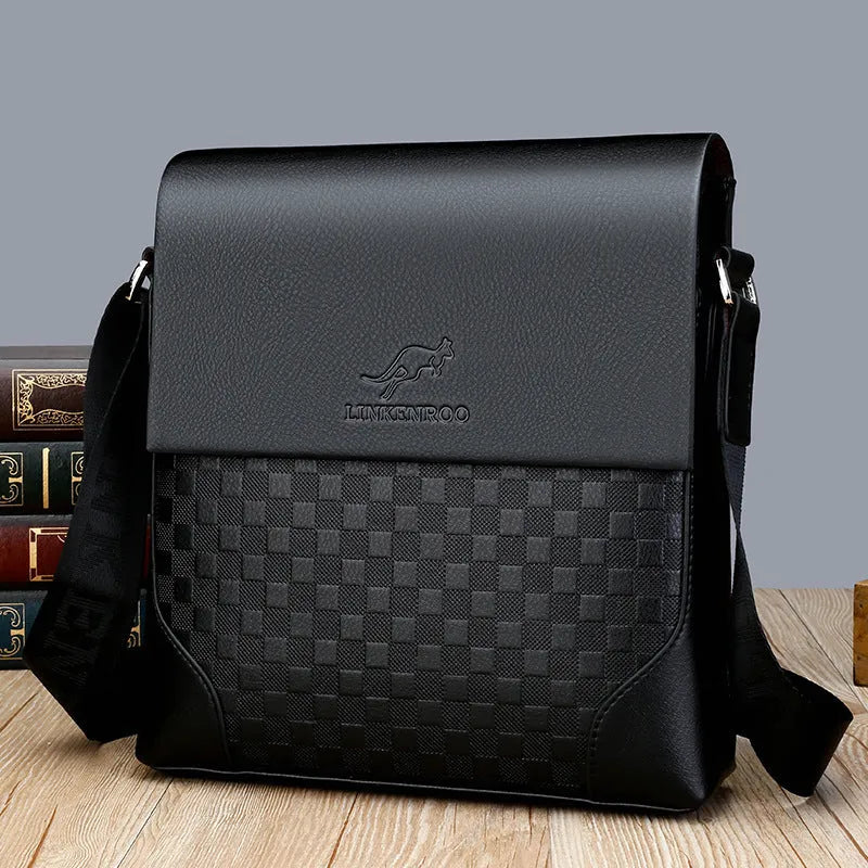 Men's cross-body chessboard vintage PU leather bag in black or dark brown with single strap and zip compartments.