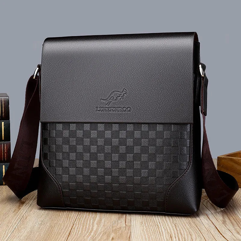 Men's cross-body chessboard vintage PU leather bag in black or dark brown with single strap and zip compartments.