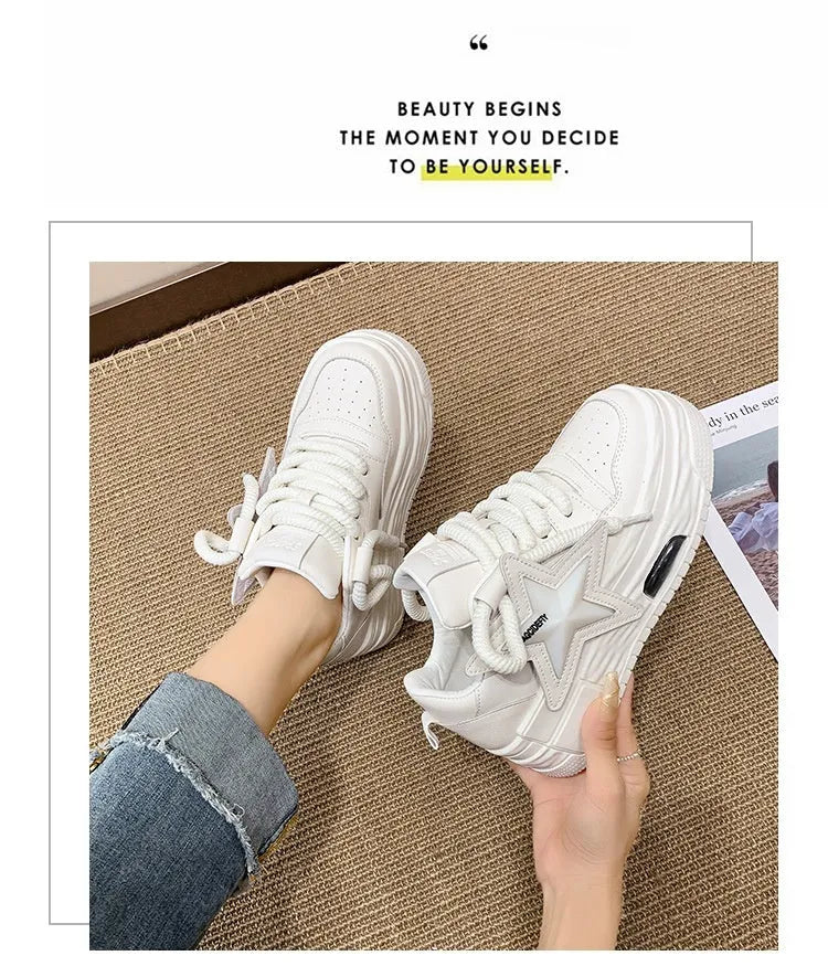 Women's casual platform board shoes in white with low heel, lace-up closure, and rubber sole
