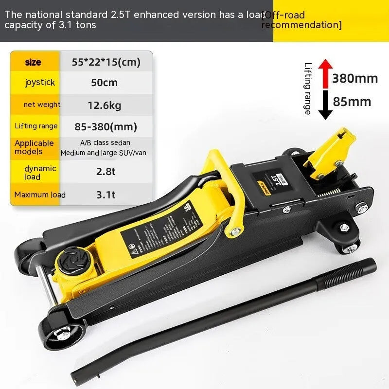 Horizontal hydraulic car lifting jack for low vehicle tyre changes with handle