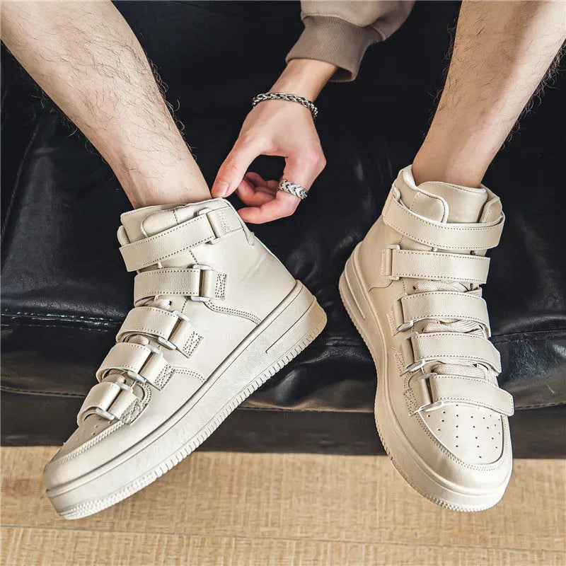 Spring men's high-top board shoes in white with Velcro strap and platform sole side view