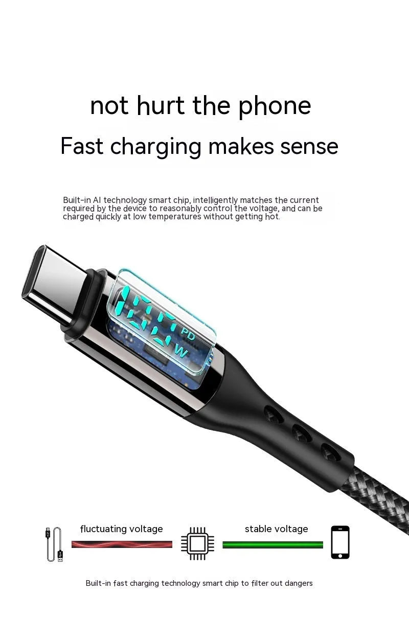 Black woven Type-C to Type-C data cable with digital display and zinc alloy connectors