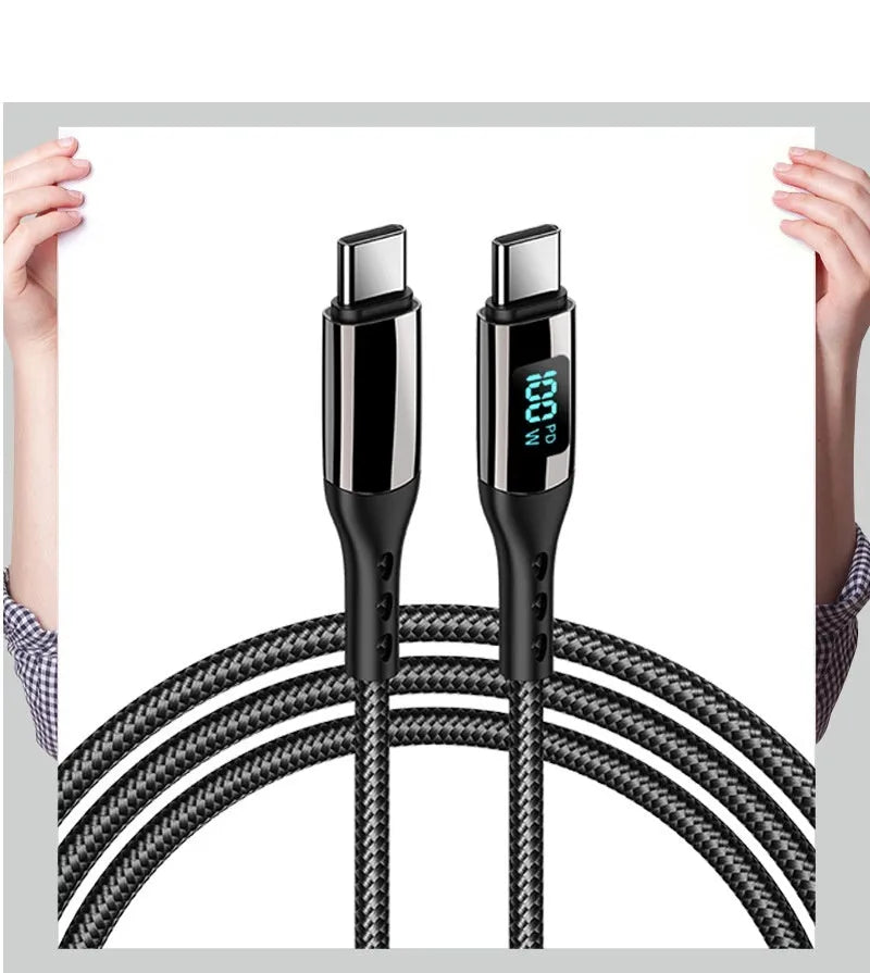 Black woven Type-C to Type-C data cable with digital display and zinc alloy connectors