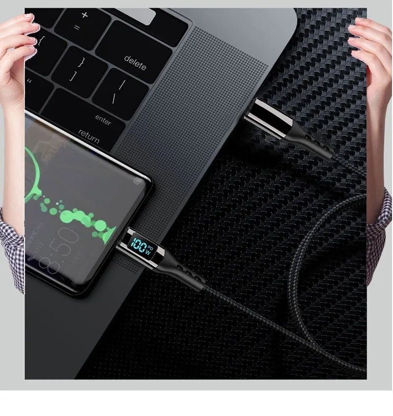 Black woven Type-C to Type-C data cable with digital display and zinc alloy connectors