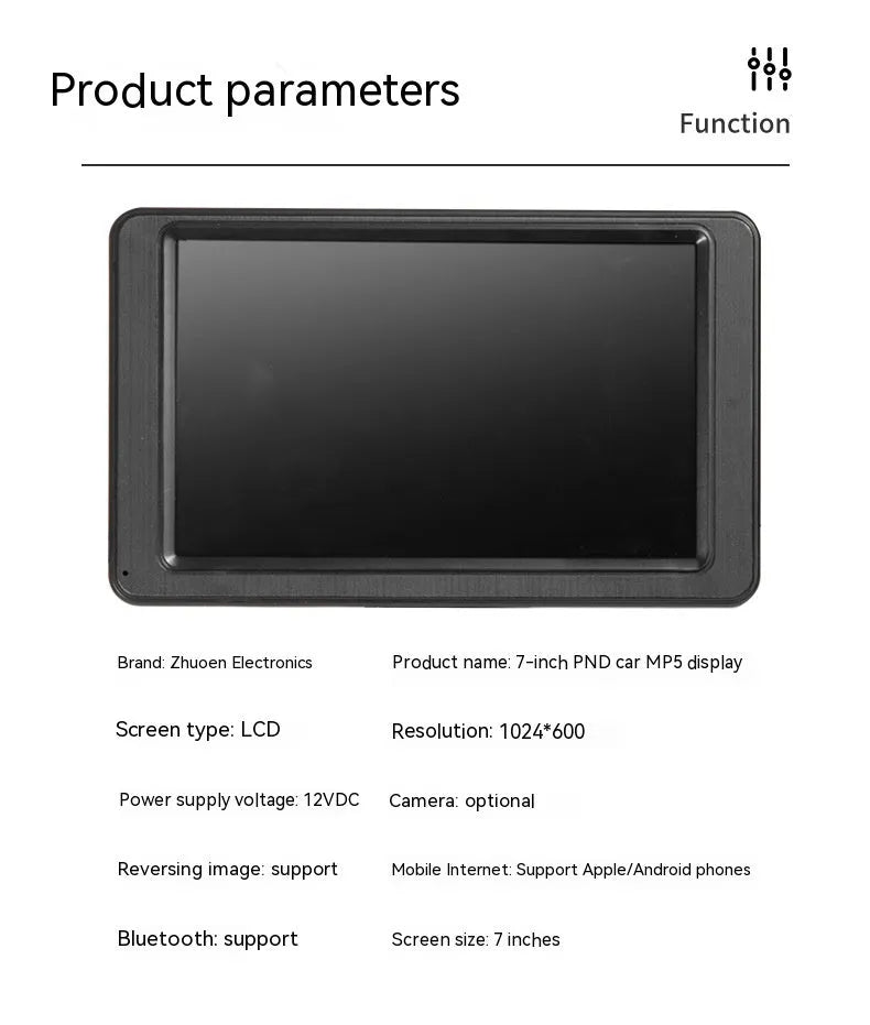 7-inch vehicle MP5 player with mounting bracket on black background