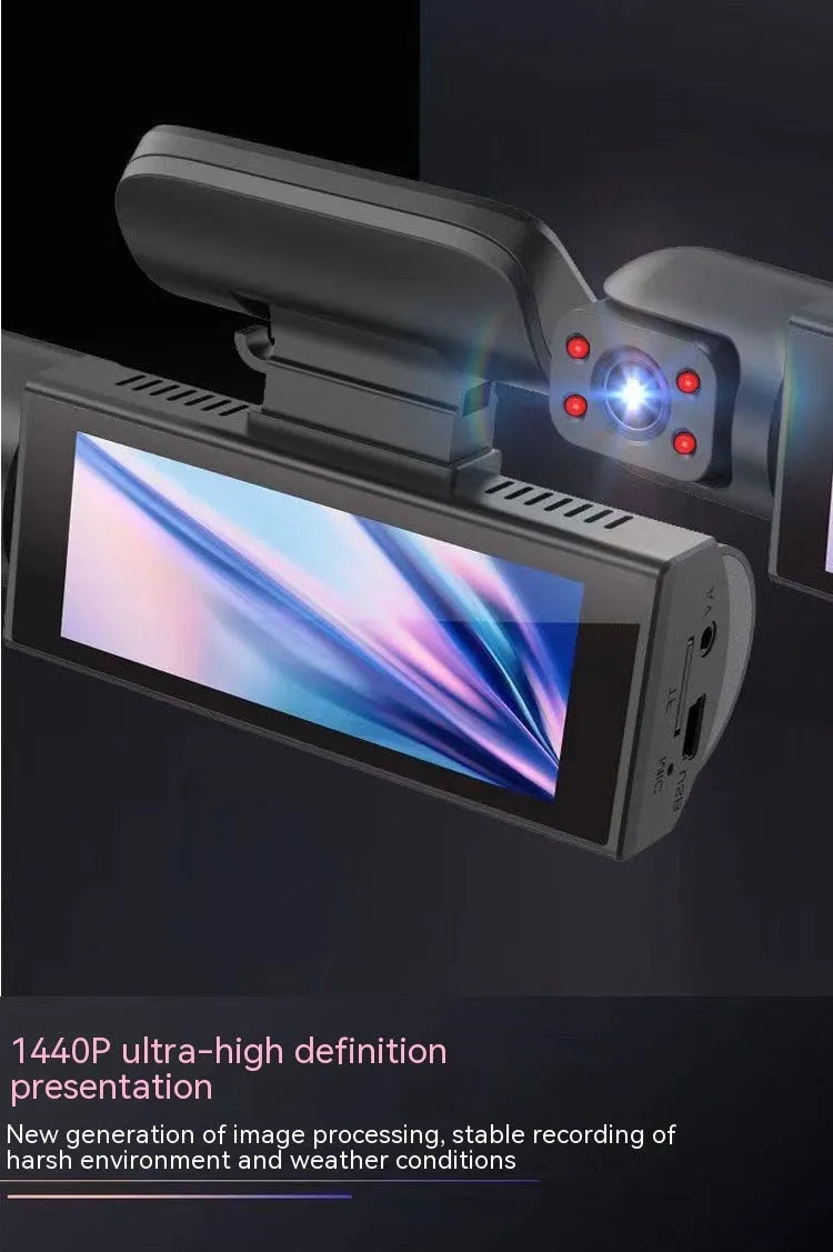 Dual-lens HD driving recorder with 3.5-inch screen mounted on car dashboard