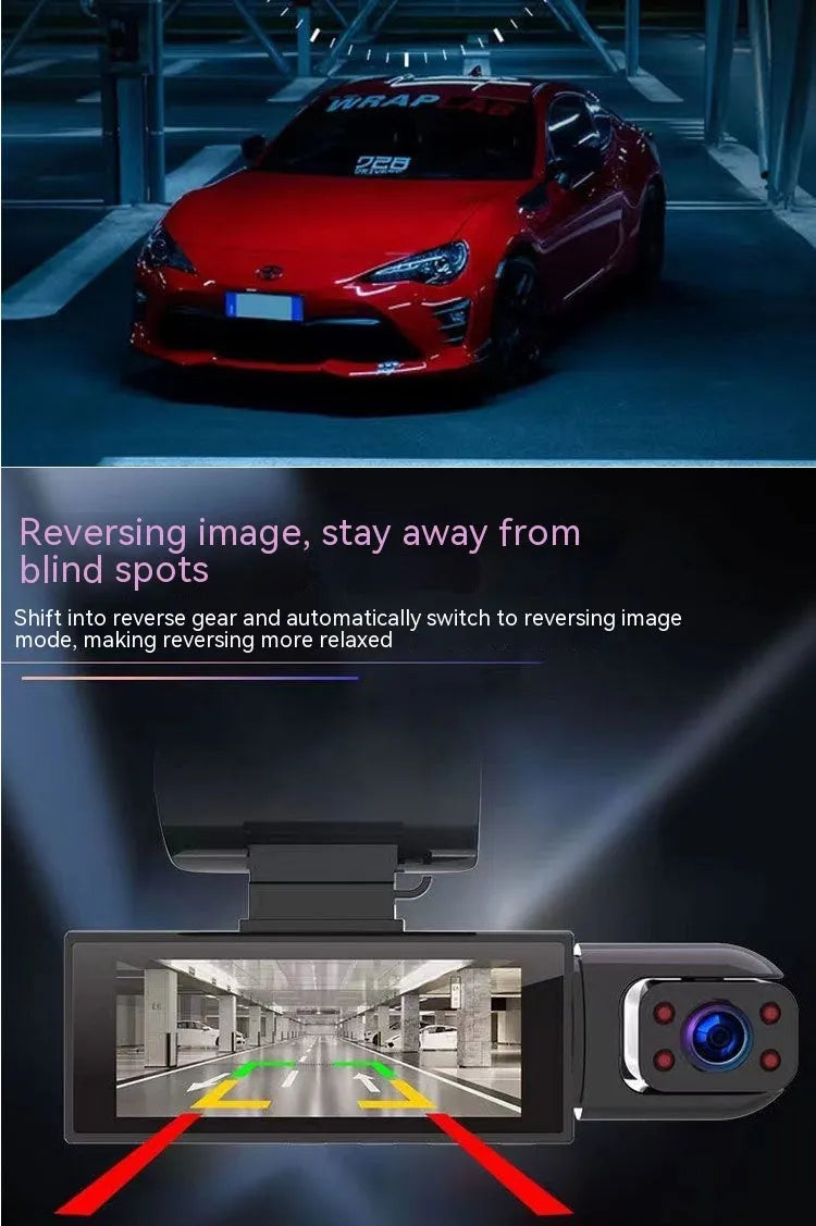 Dual-lens HD driving recorder with 3.5-inch screen mounted on car dashboard