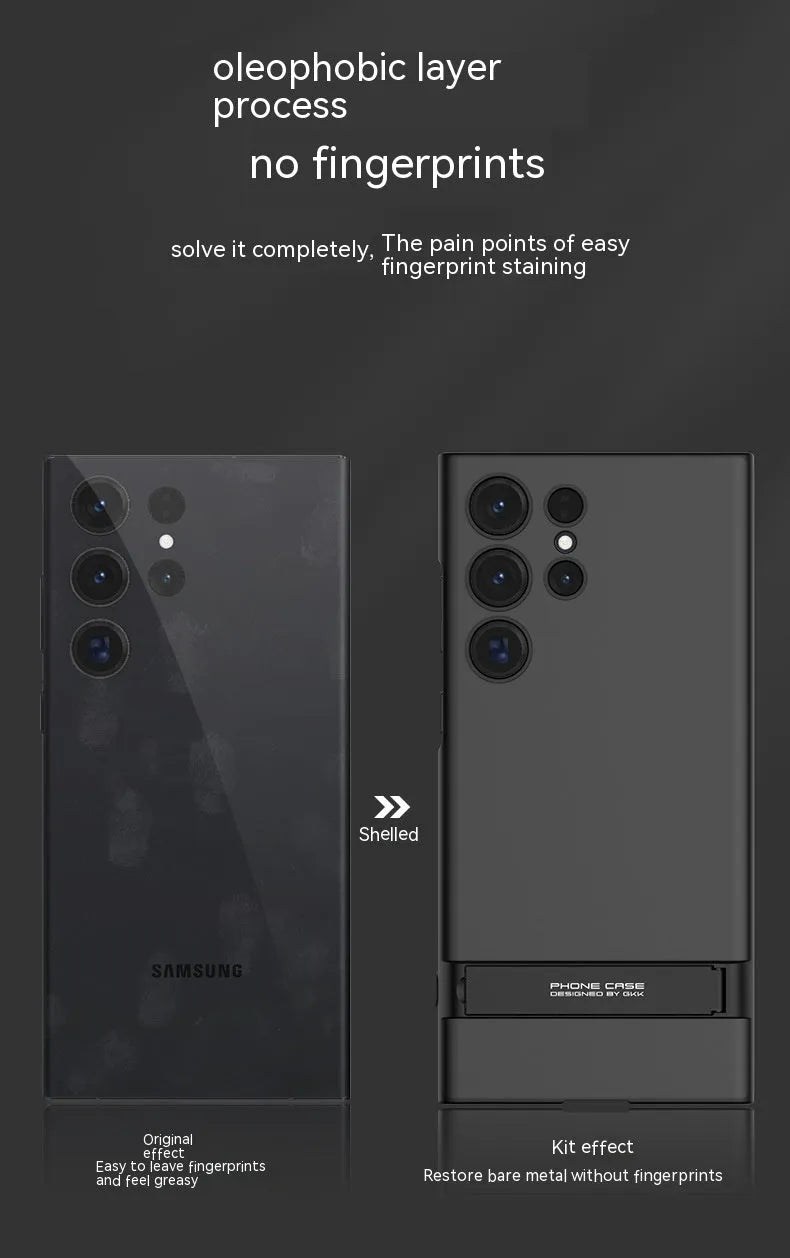 Ultra-thin frosted PC Samsung S23 phone case with built-in bracket in cool black, dark night green, dream purple, and elegant silver