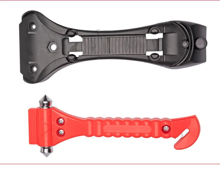 Red car emergency hammer with integrated seatbelt cutter and window breaker tip