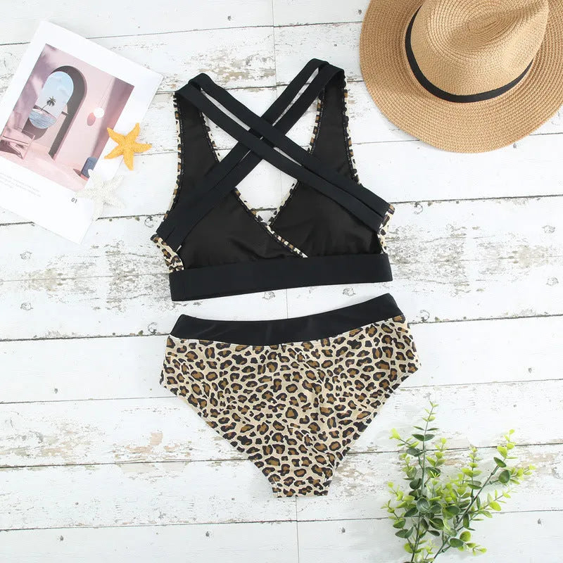 Women's leopard print V-neck cross banded bikini set with matching briefs