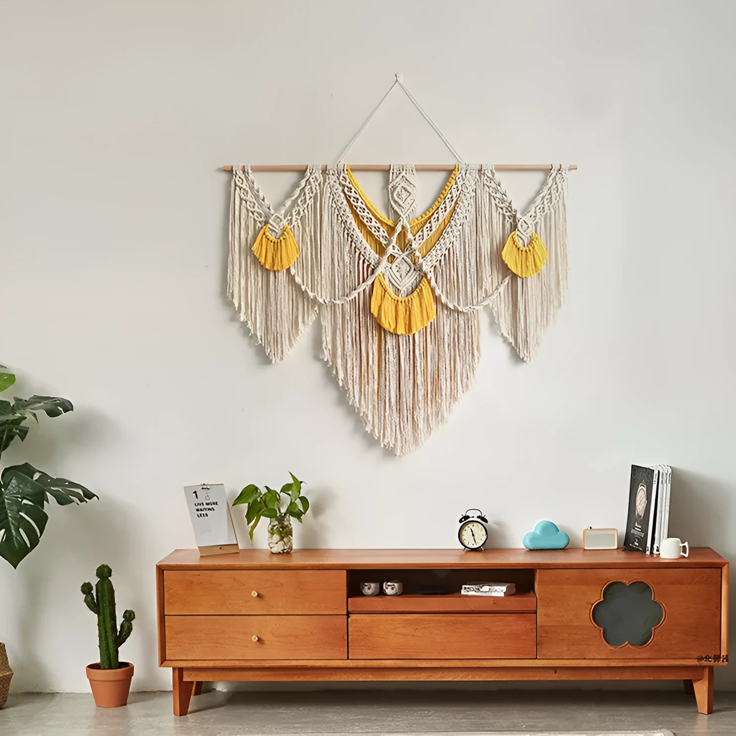 Hand-woven creamy white cotton tapestry wall hanging with rectangular shape measuring 120cm by 95cm
