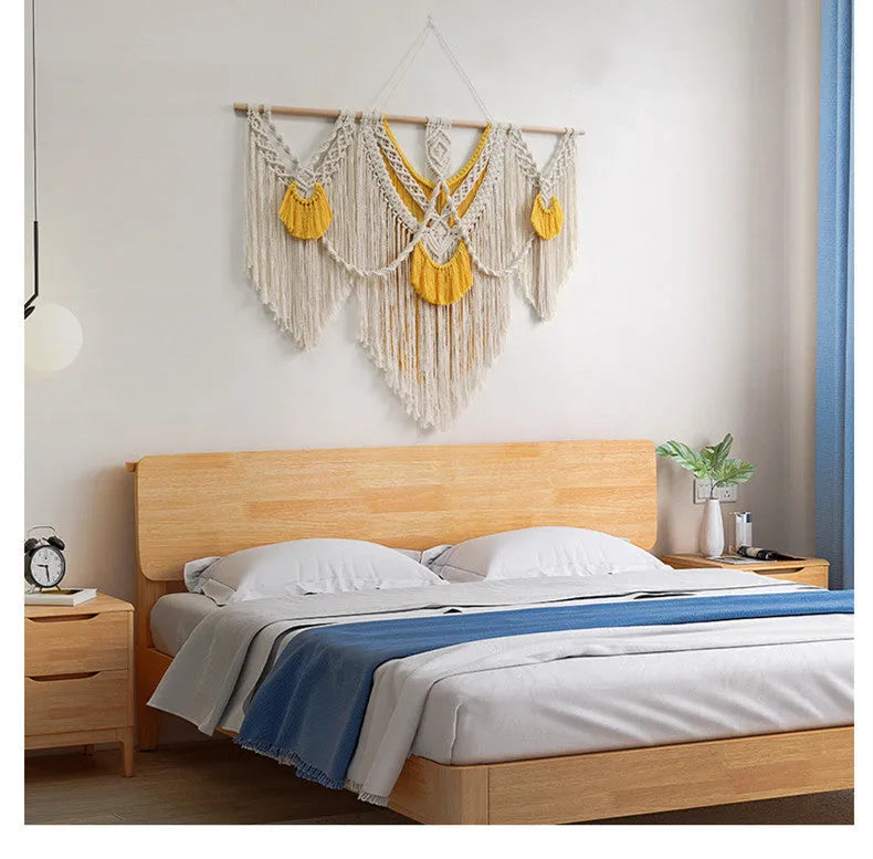 Hand-woven creamy white cotton tapestry wall hanging with rectangular shape measuring 120cm by 95cm