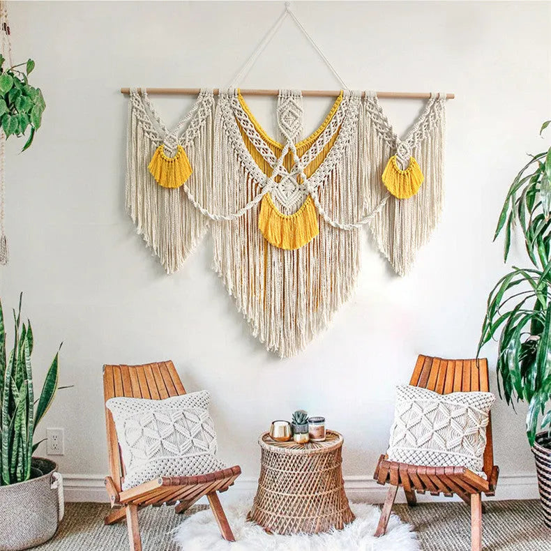 Hand-woven creamy white cotton tapestry wall hanging with rectangular shape measuring 120cm by 95cm