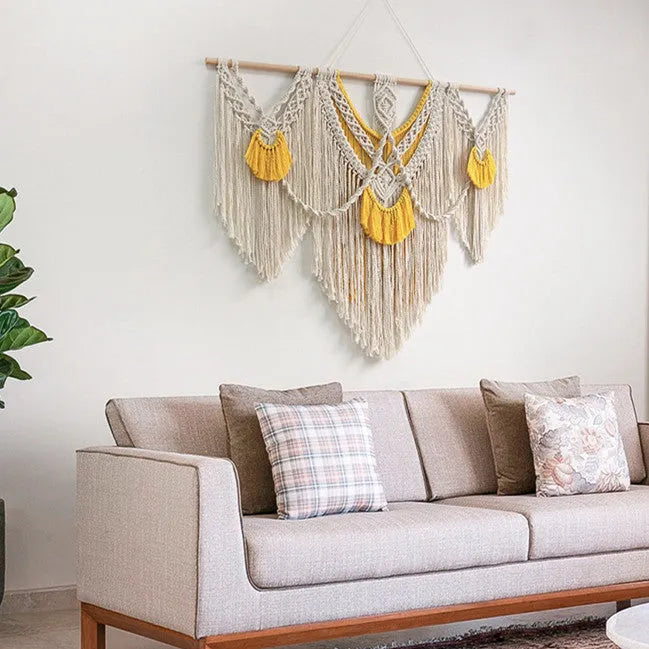 Hand-woven creamy white cotton tapestry wall hanging with rectangular shape measuring 120cm by 95cm