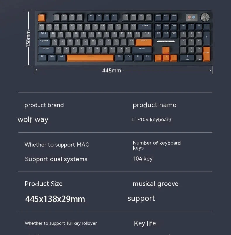 Bluetooth wireless three-mode mechanical keyboard with ABS construction and Type-C cable