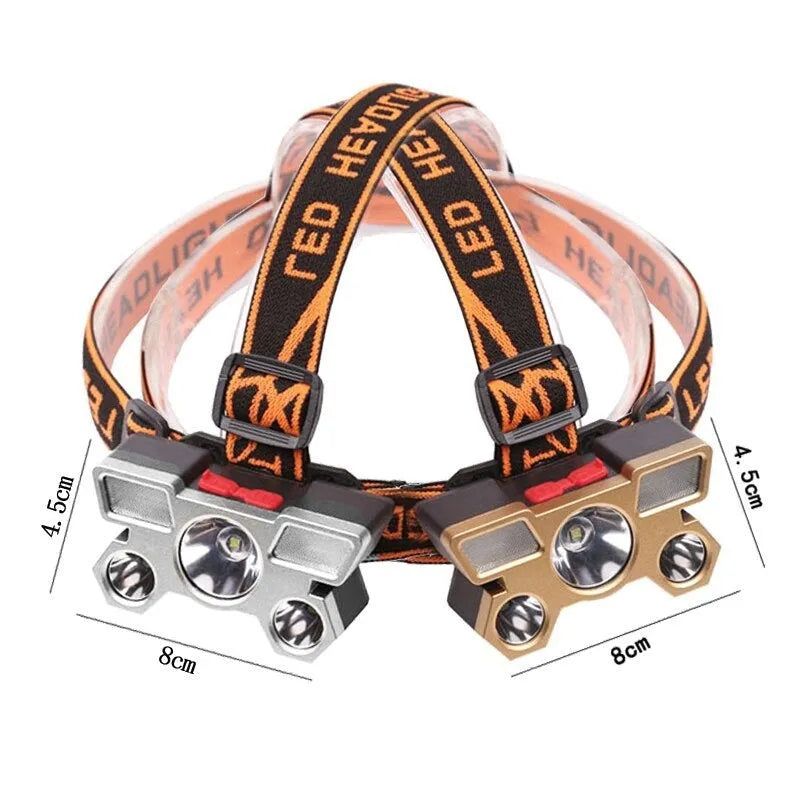 Head-mounted LED miner's lamp with 10W super bright beam, adjustable head strap, and USB charging cable
