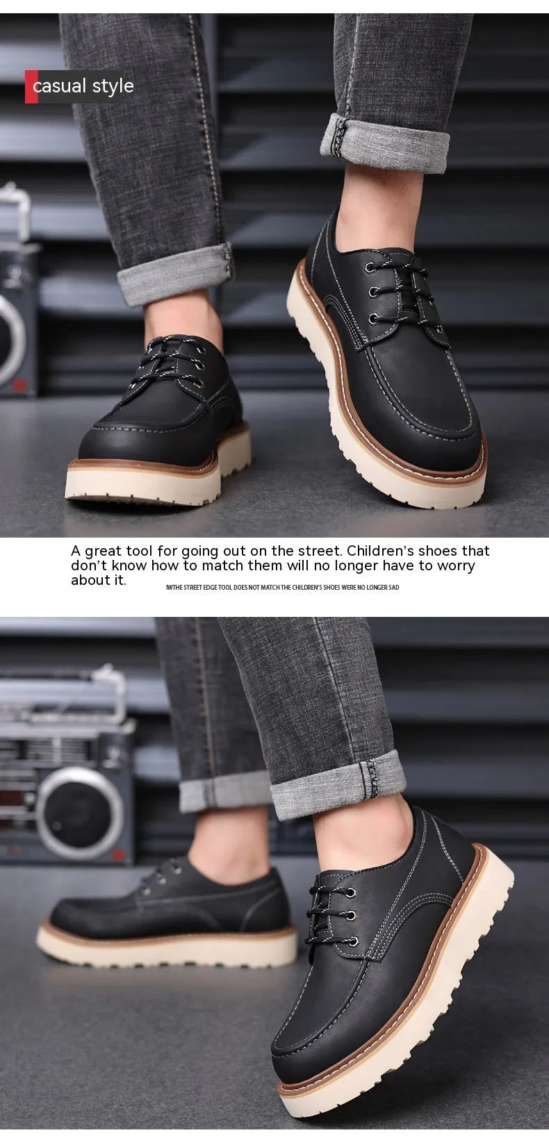 Men's black retro low-top Martin boots with a round toe and rubber sole on a white background