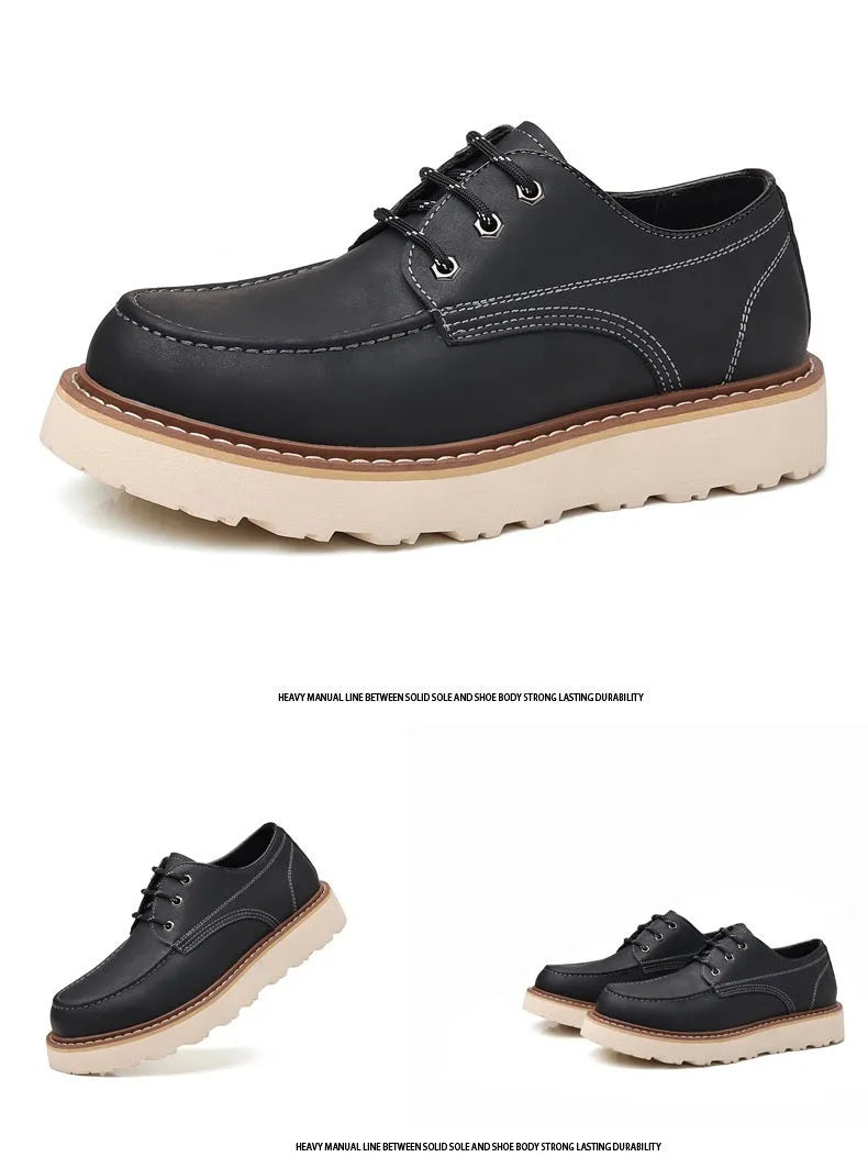 Men's black retro low-top Martin boots with a round toe and rubber sole on a white background