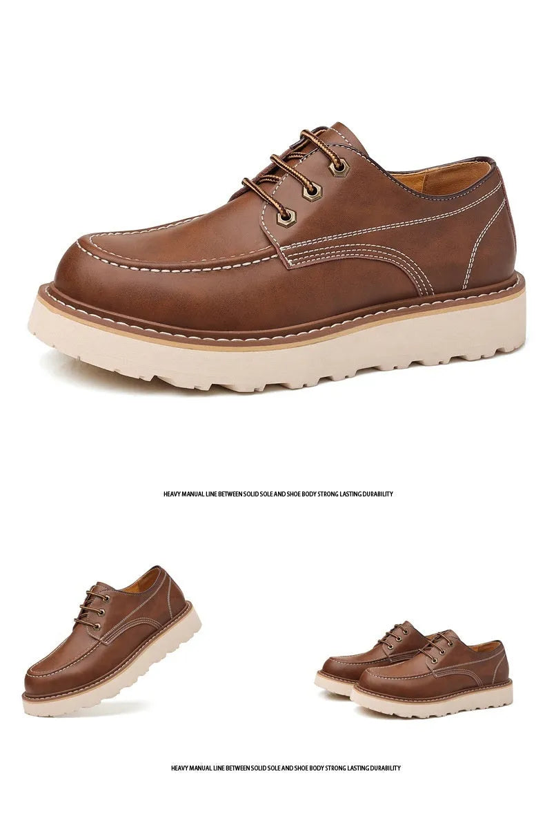 Men's black retro low-top Martin boots with a round toe and rubber sole on a white background