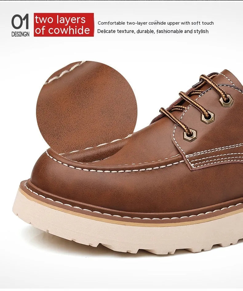 Men's black retro low-top Martin boots with a round toe and rubber sole on a white background