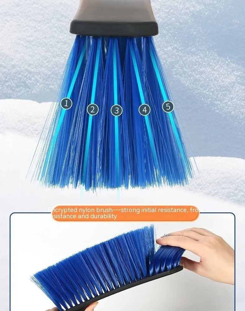 Blue and yellow long-handled car snow brush and ice scraper with plastic construction