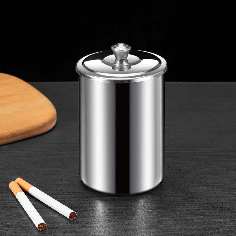 Stainless steel fly ash ashtray with cover, funnel and smoke button in various colours