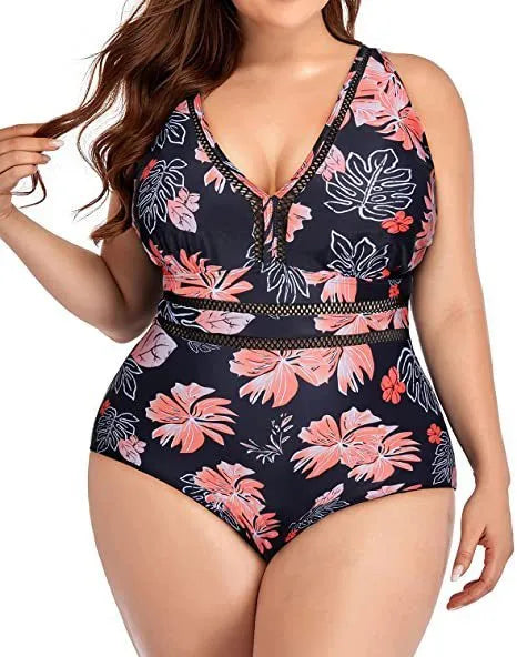 Black plus size women's bikini swimsuit with printed pattern on polyester mesh fabric.