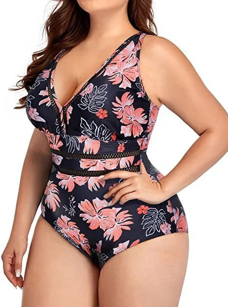 Black plus size women's bikini swimsuit with printed pattern on polyester mesh fabric.