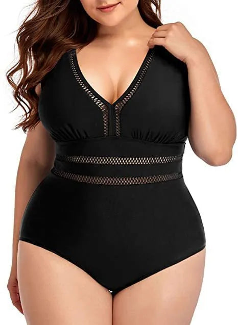 Black plus size women's bikini swimsuit with printed pattern on polyester mesh fabric.