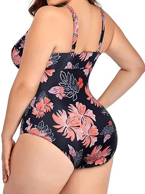 Black plus size women's bikini swimsuit with printed pattern on polyester mesh fabric.