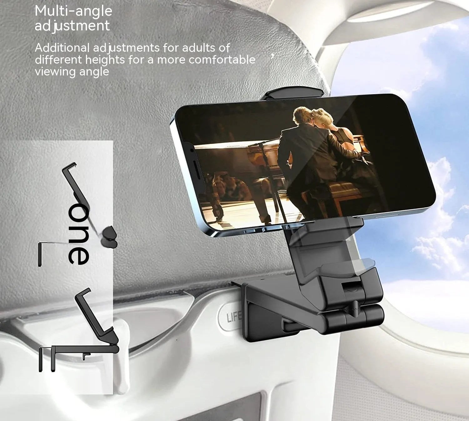 Black foldable and rotating universal mobile phone holder made from ABS plastic on a flat surface.
