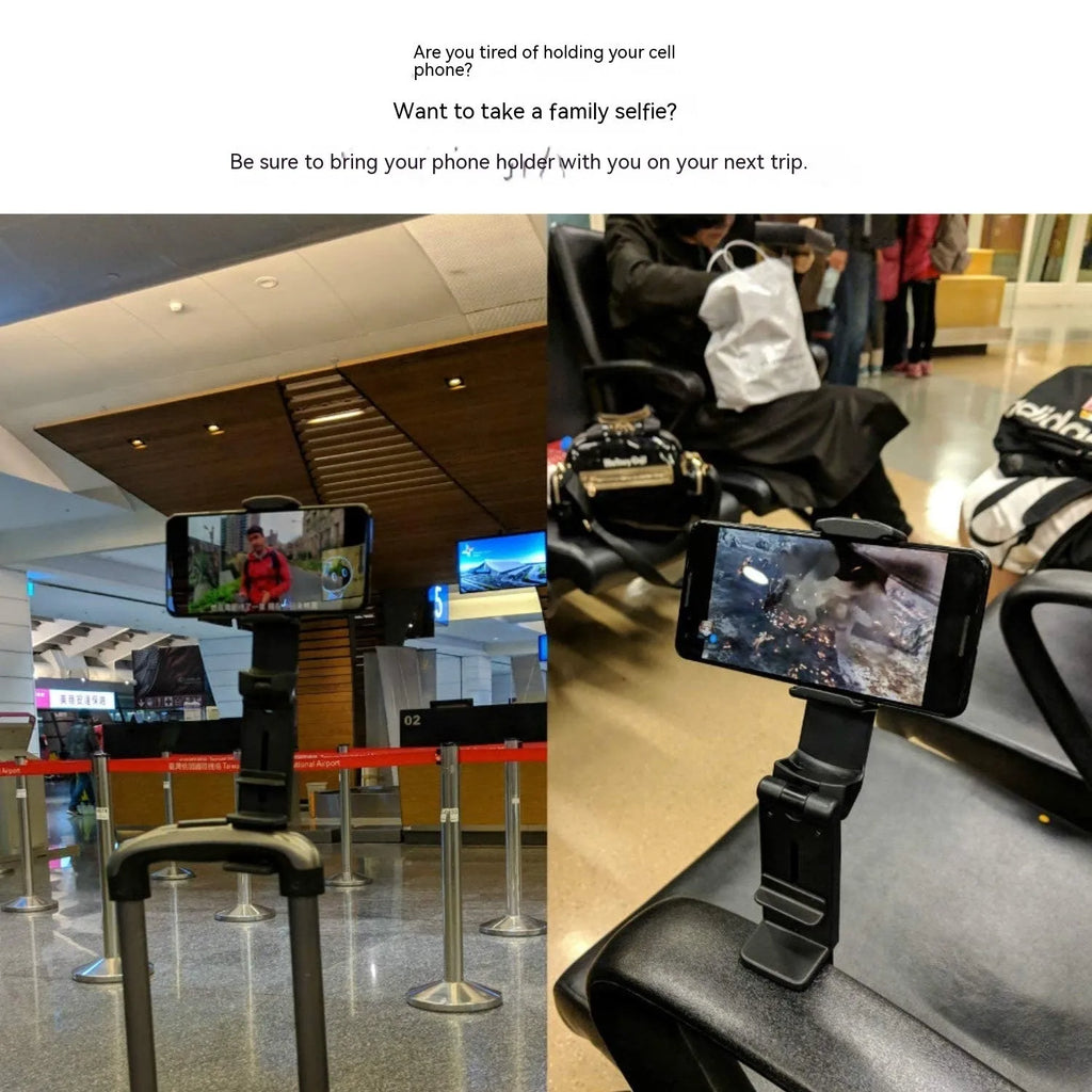 Black foldable and rotating universal mobile phone holder made from ABS plastic on a flat surface.