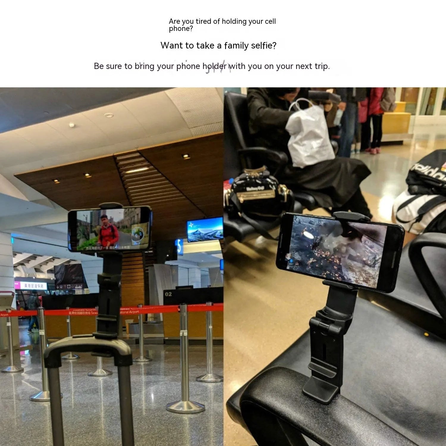 Black foldable and rotating universal mobile phone holder made from ABS plastic on a flat surface.