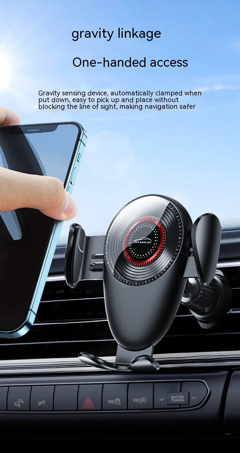 Black universal car phone bracket with mechanical support frame for dashboard or air vent mounting