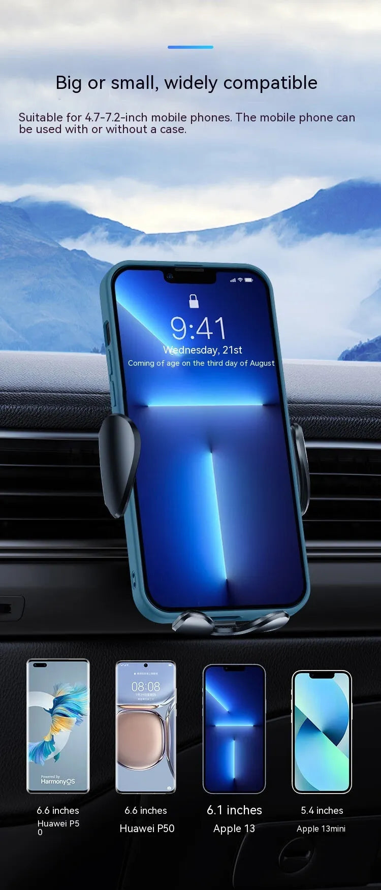 Black universal car phone bracket with mechanical support frame for dashboard or air vent mounting