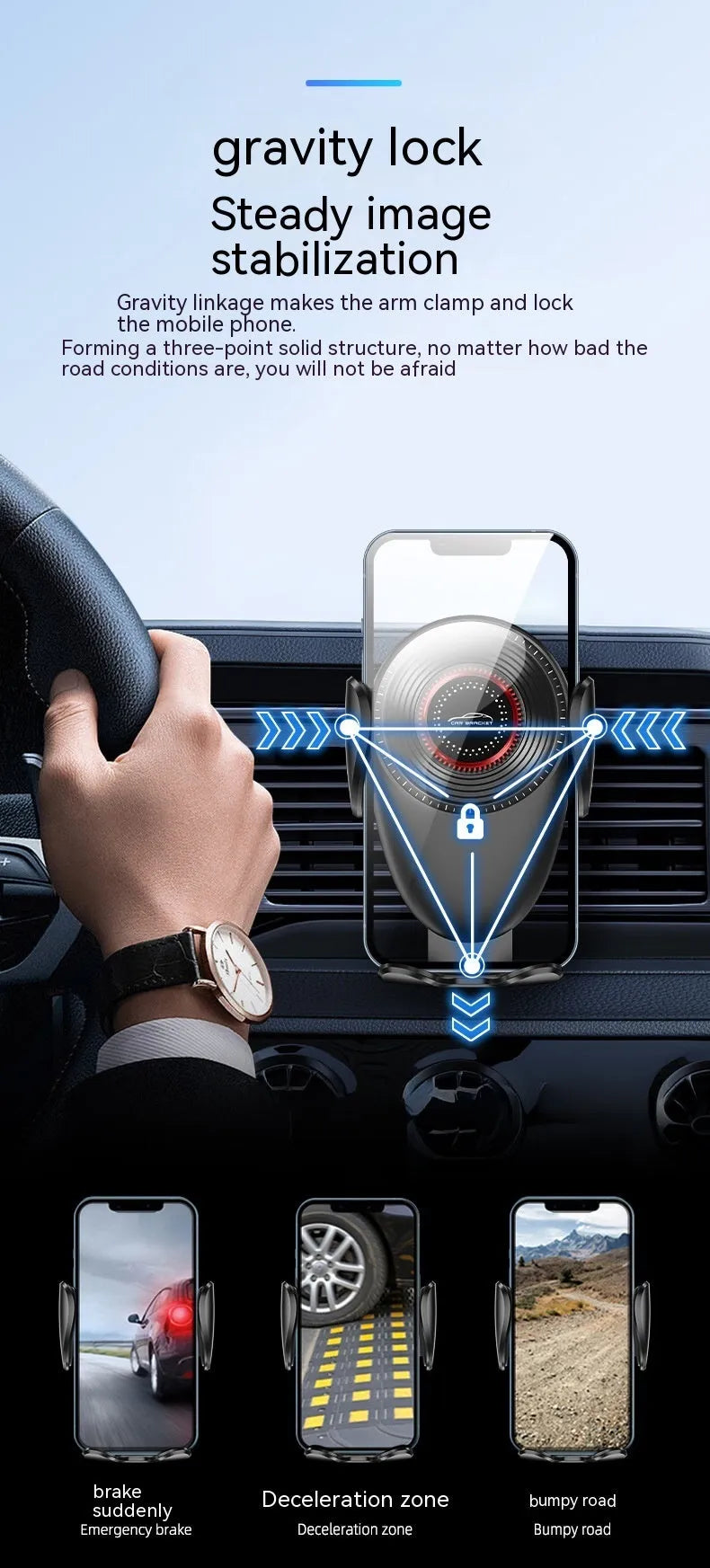 Black universal car phone bracket with mechanical support frame for dashboard or air vent mounting