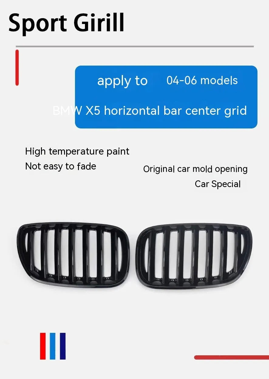 BMW X5 E53 replacement grille kit with 204-middle grid mesh pattern in bright black ABS plastic
