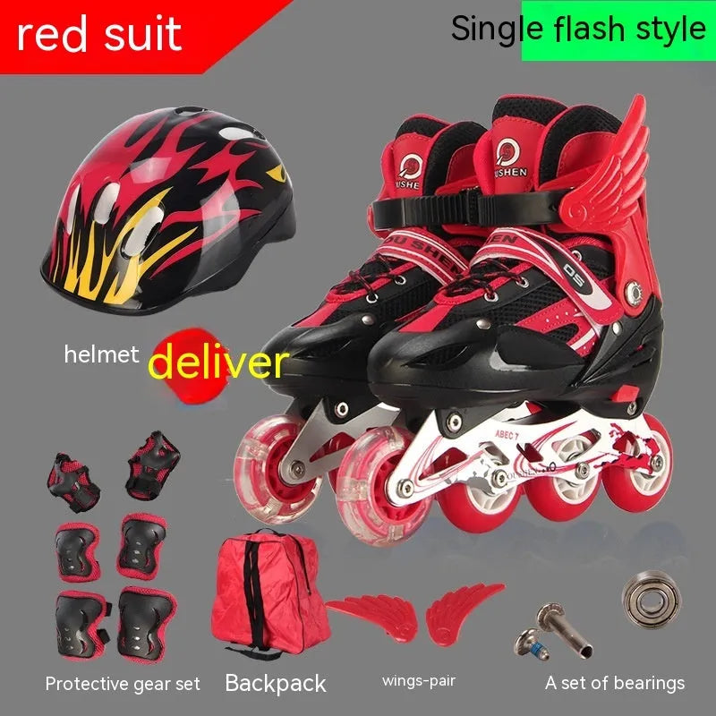 Children's adjustable roller skates in five colours with protective gear set including helmet and pads