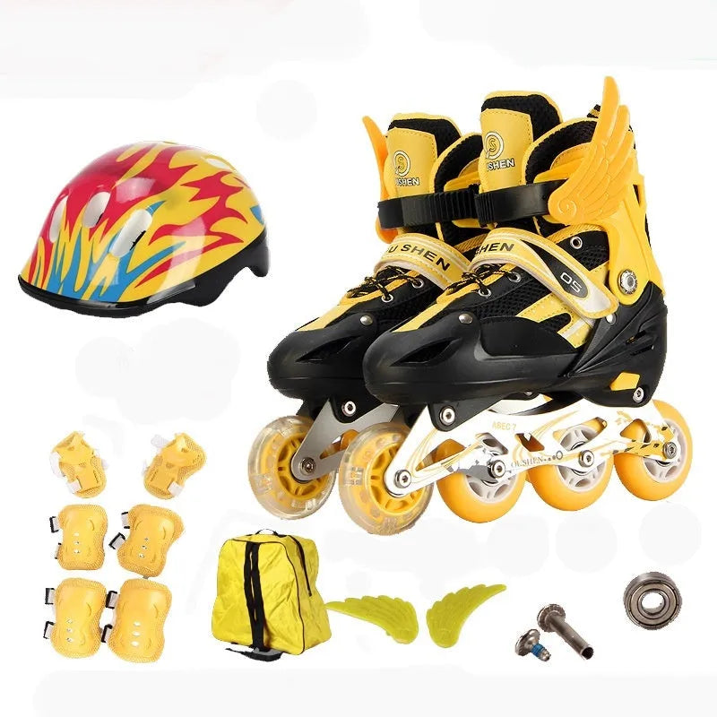 Children's adjustable roller skates in five colours with protective gear set including helmet and pads