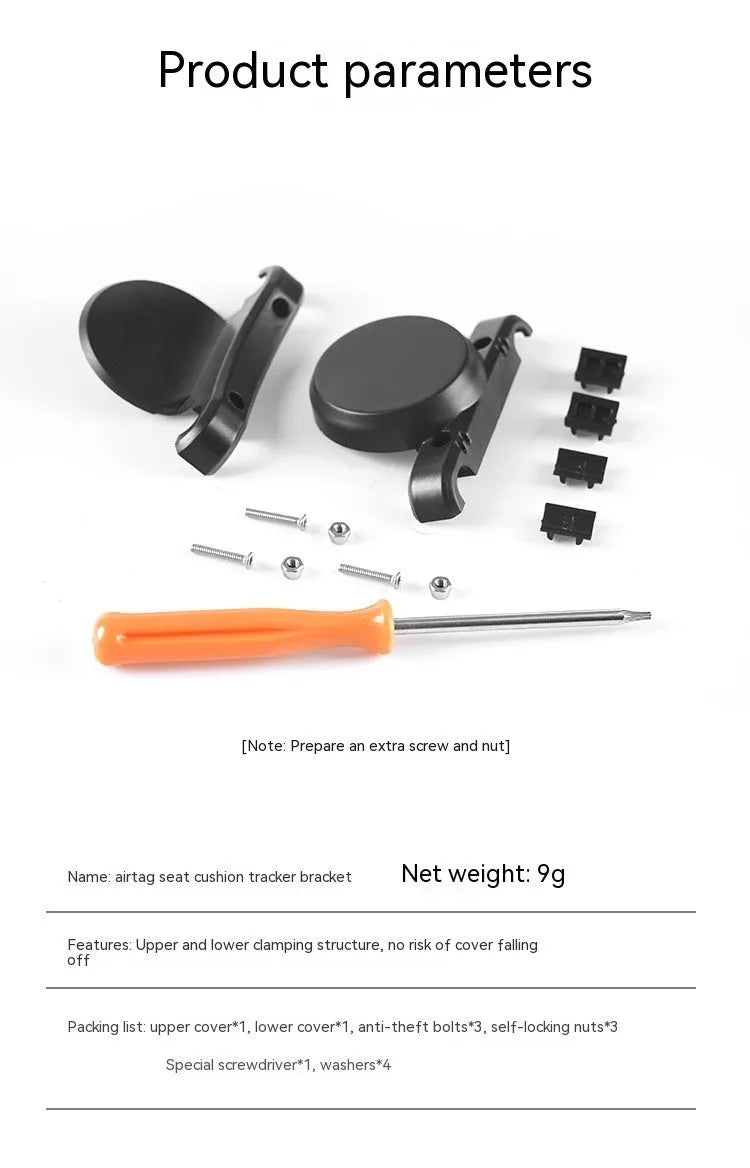 Black ABS plastic bicycle tracking device bracket with anti-theft bolts and installation tools
