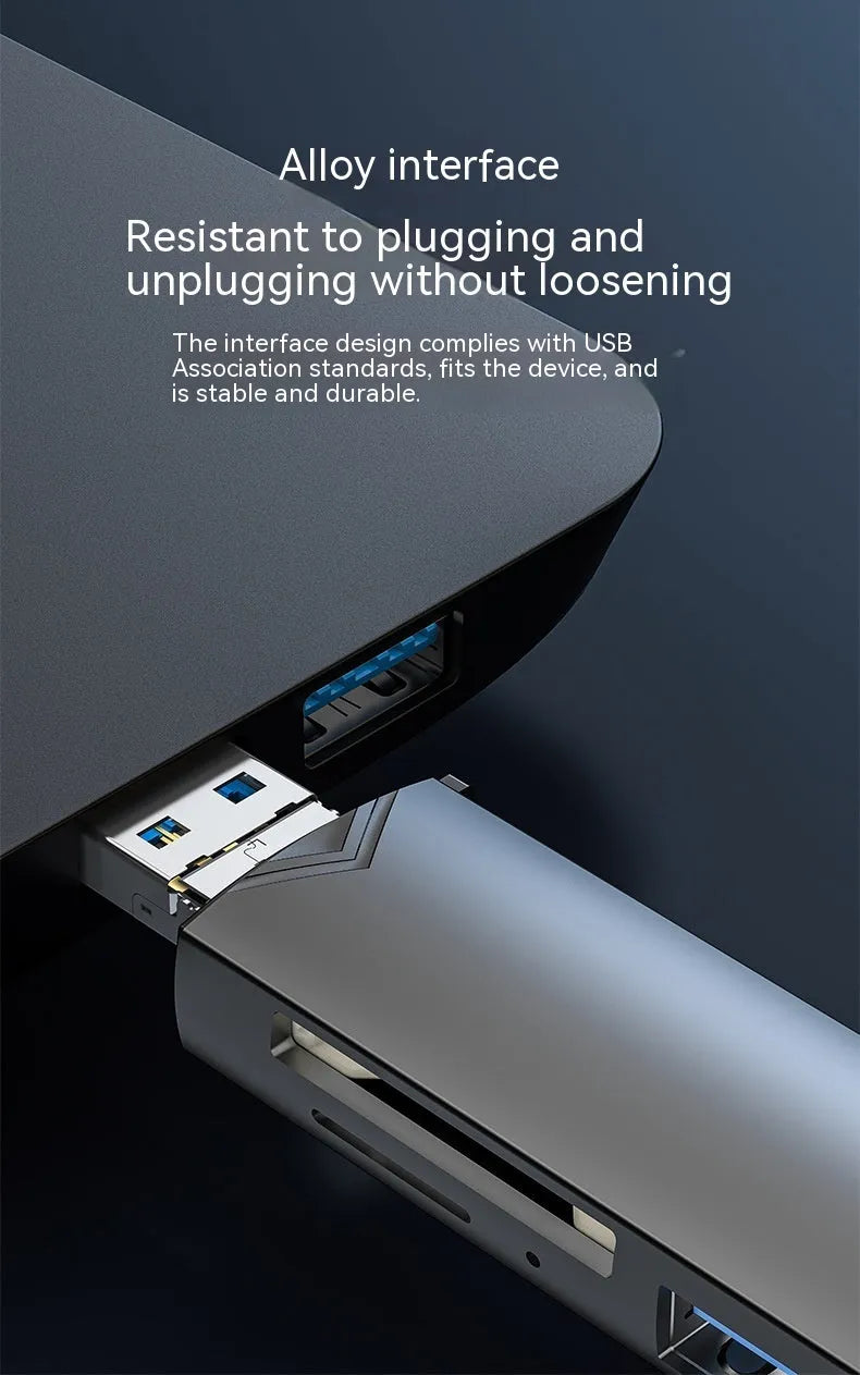 Aluminium alloy multi-functional card reader with SD and TF slots, USB Type-C and Micro interfaces, grey or silver