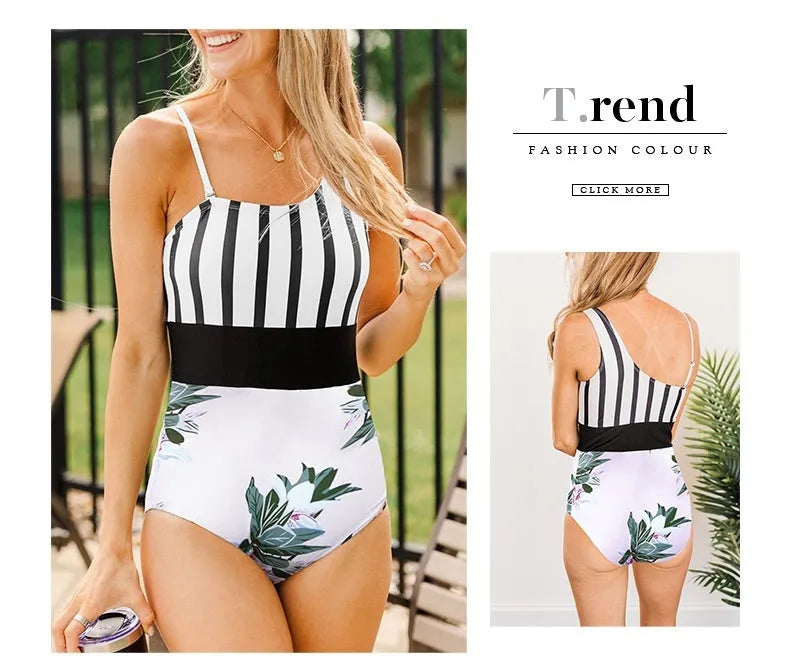 Leopard print women's one-piece swimsuit with asymmetrical collar and high-waist briefs.