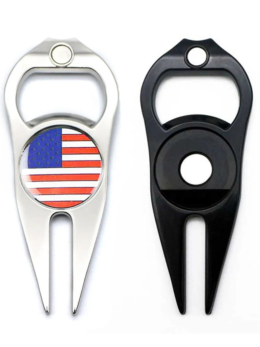 Zinc alloy metal golf ball fork and bottle opener tool in black, green, and silver colour options.