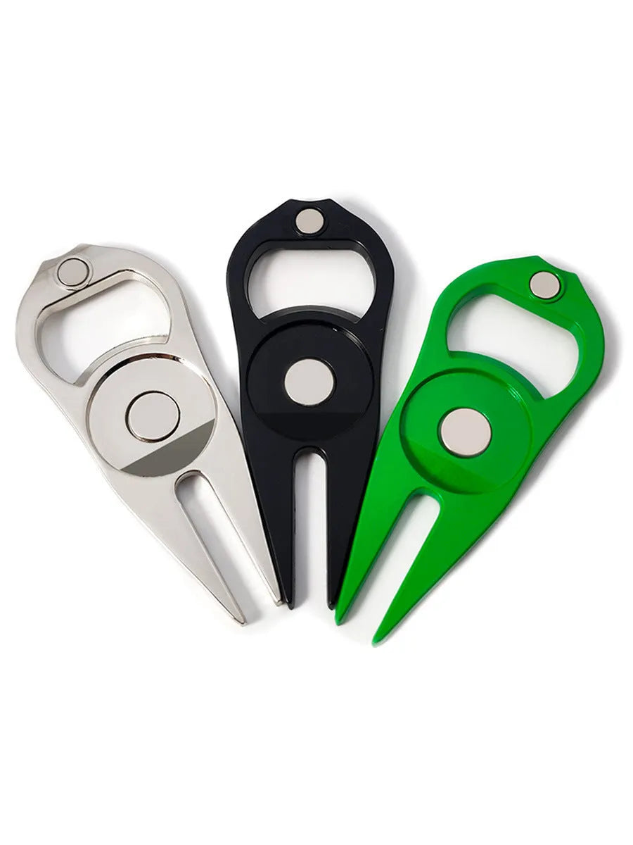 Zinc alloy metal golf ball fork and bottle opener tool in black, green, and silver colour options.