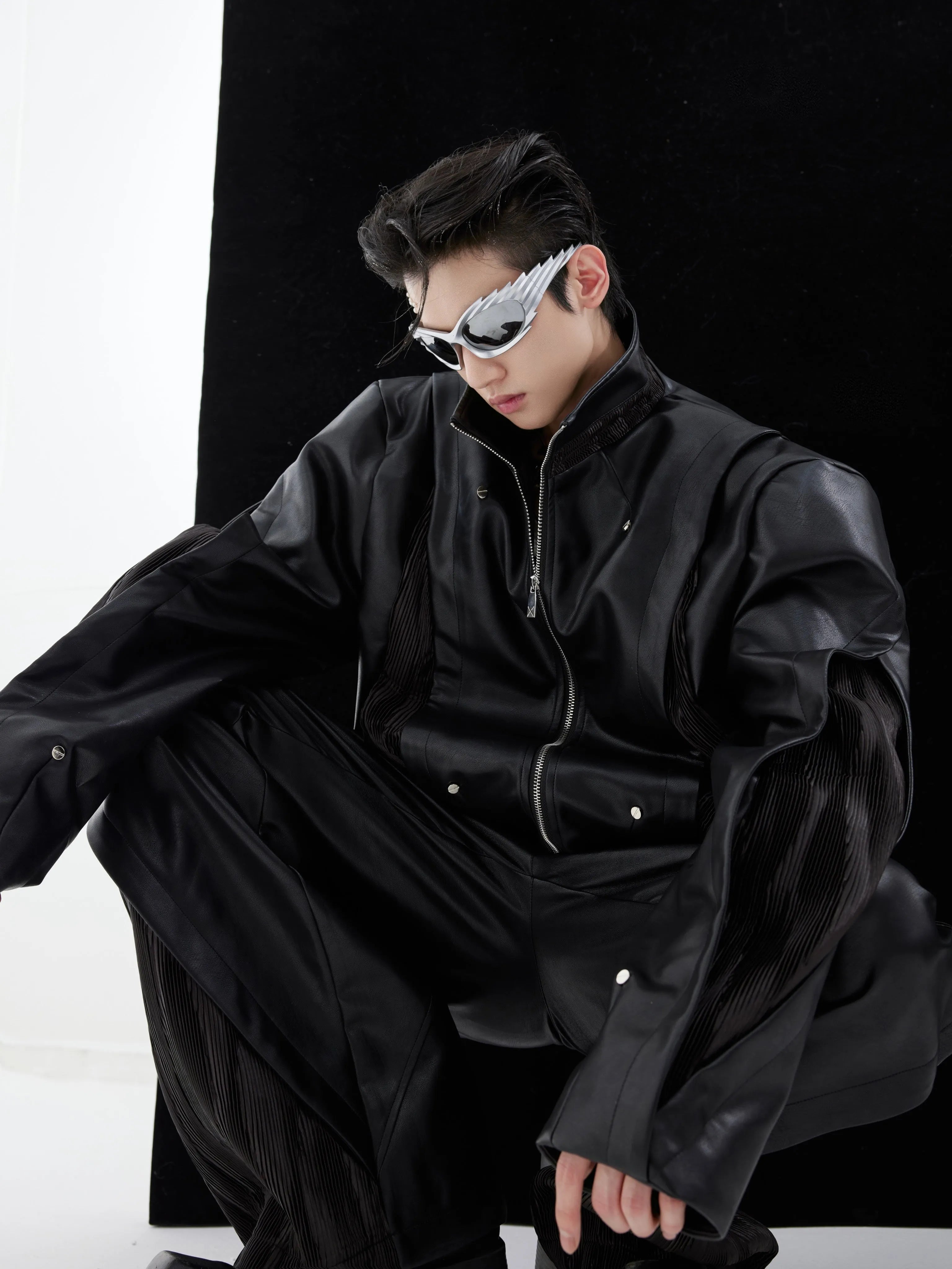 Men's PU leather motorcycle coat heavy stitching lapel collar single-breasted solid colour