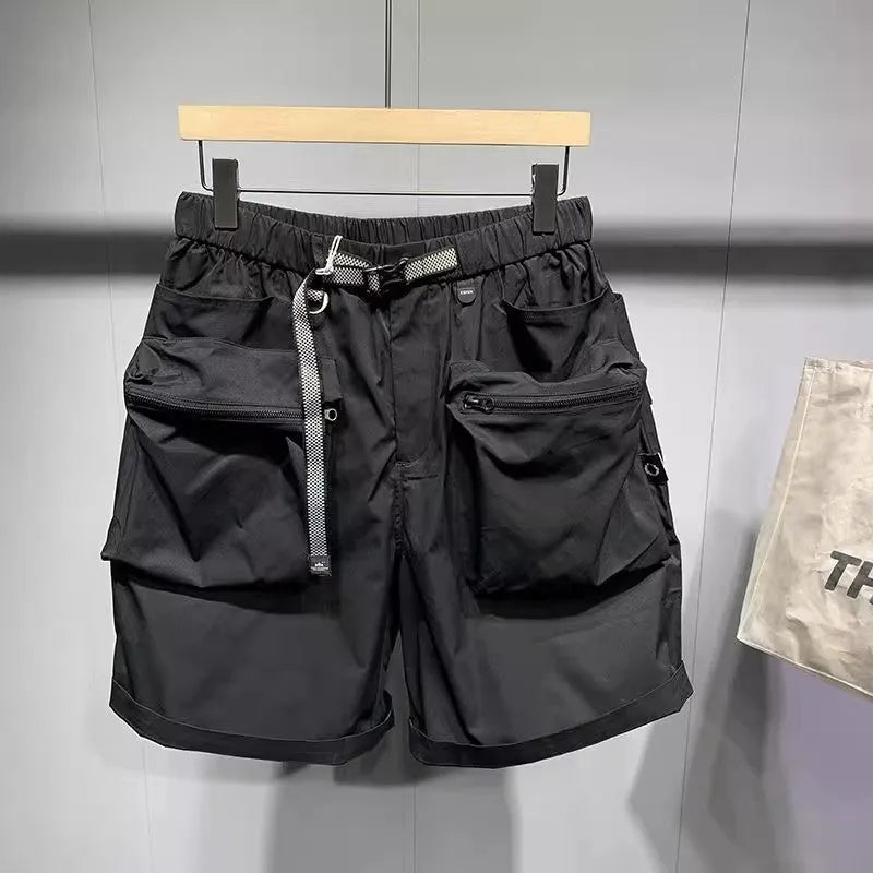 Men's large size work shorts in black with elastic waist and pockets