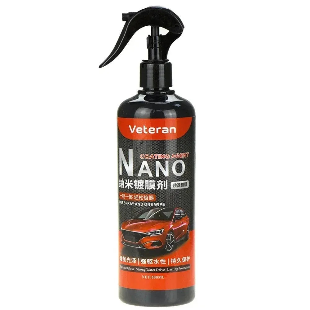 Bottle of liquid automotive coating agent spray for car polish and protection.