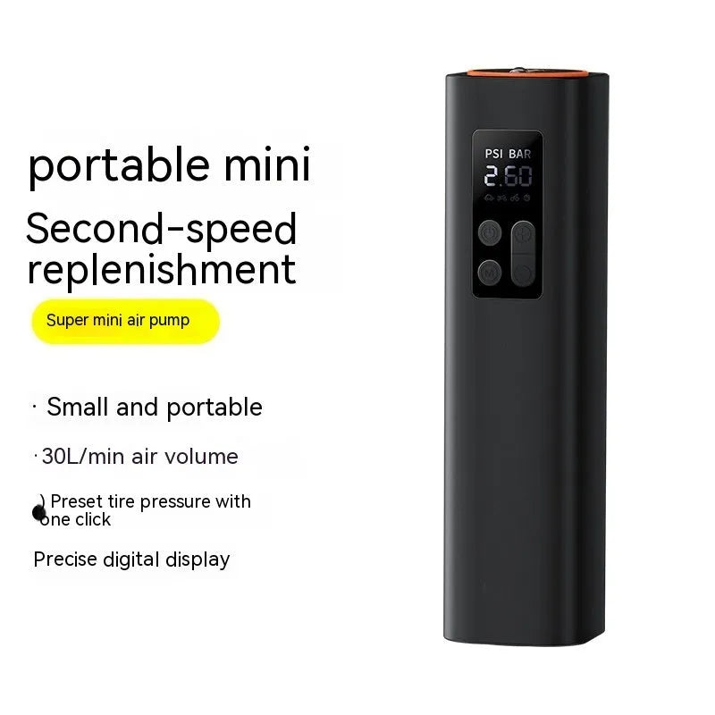 Black digital display car tyre inflator with compact 18cm ABS plastic housing