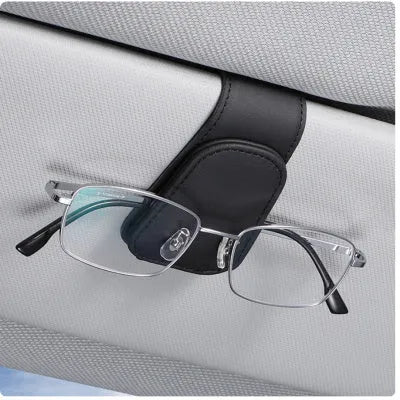 PU leather sunglasses clip holder attached to a car sun visor