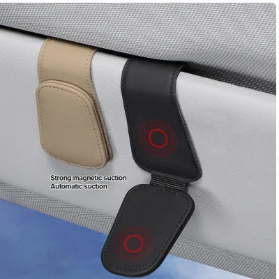 PU leather sunglasses clip holder attached to a car sun visor